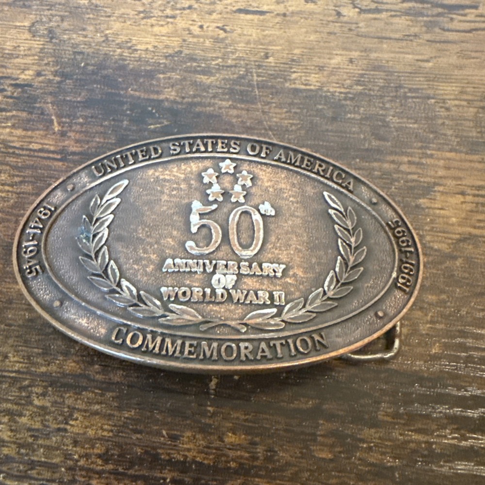 WWII 50th Anniversary Commemorative Belt Buckle Copper Krew Inc Vintage 1993